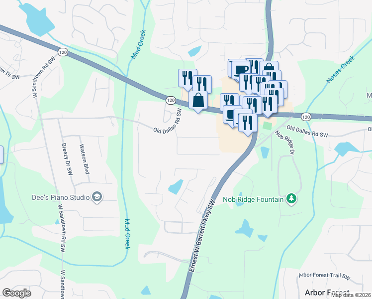 map of restaurants, bars, coffee shops, grocery stores, and more near 2620 Big Oaks Drive in Marietta