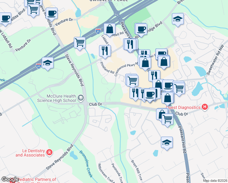 map of restaurants, bars, coffee shops, grocery stores, and more near 1699 Southgate Mill Drive in Duluth