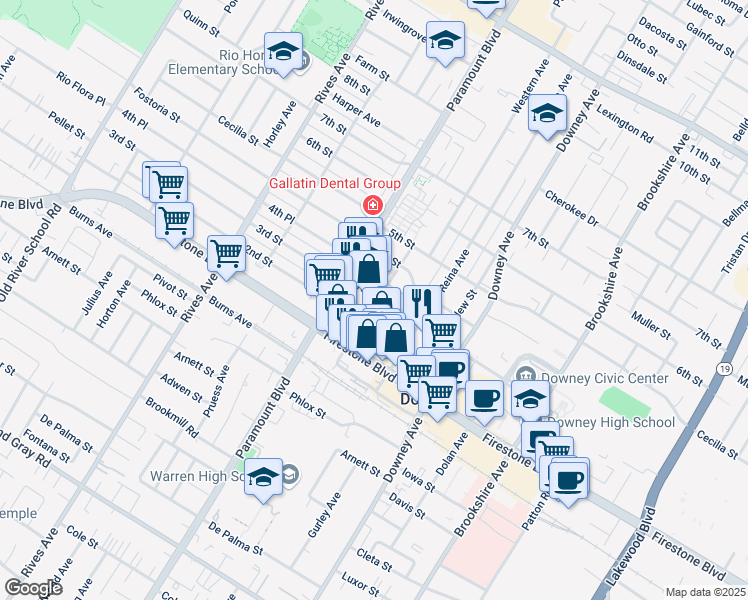 map of restaurants, bars, coffee shops, grocery stores, and more near 10981 Myrtle Street in Downey