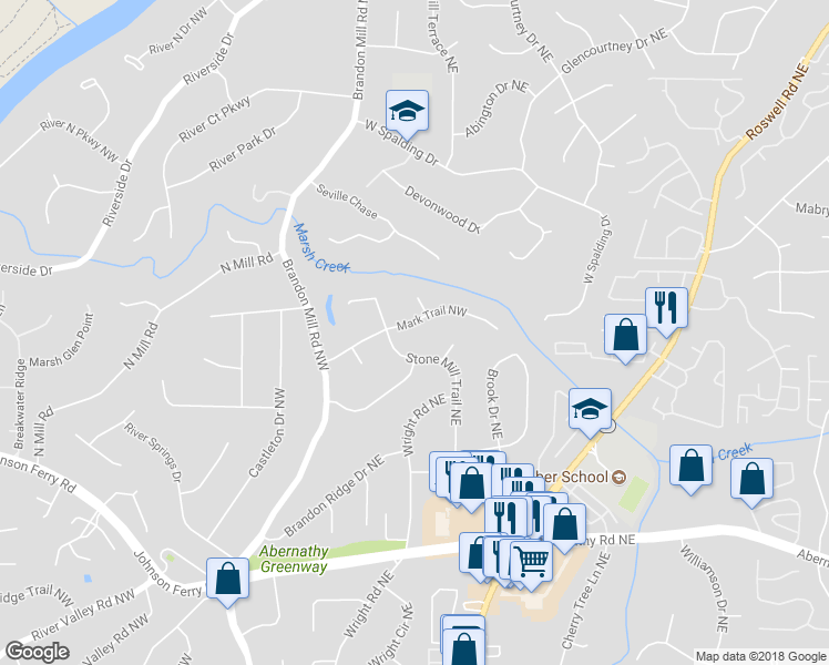 map of restaurants, bars, coffee shops, grocery stores, and more near 175 Mark Trail Northwest in Atlanta