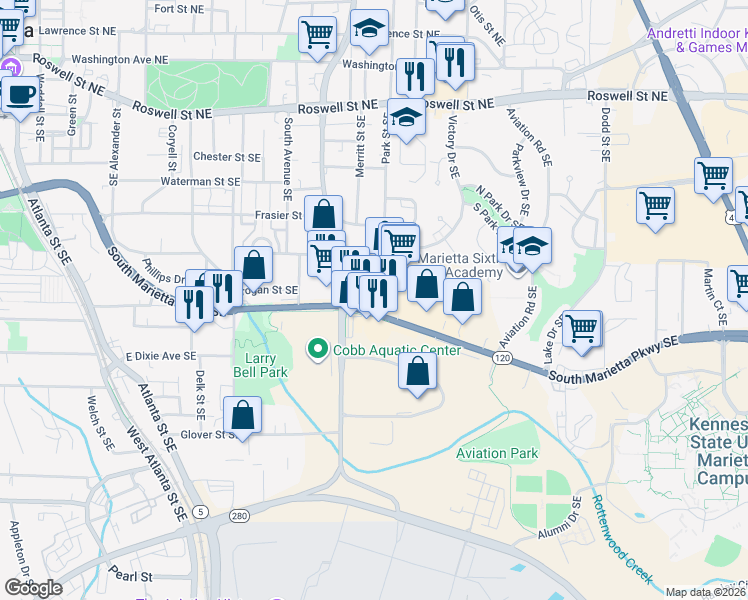 map of restaurants, bars, coffee shops, grocery stores, and more near 603 South Marietta Parkway Southeast in Marietta