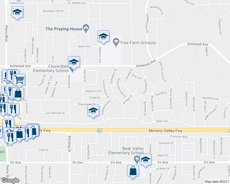 map of restaurants, bars, coffee shops, grocery stores, and more near 12208 Champlain Street in Moreno Valley