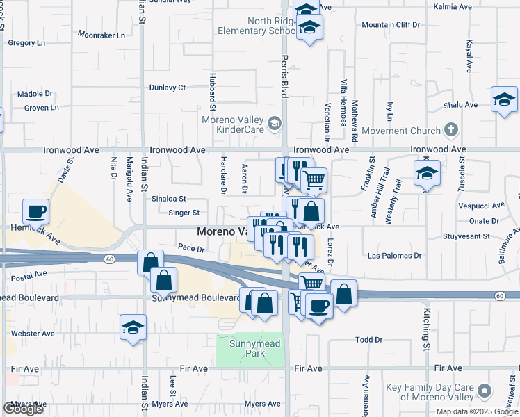 map of restaurants, bars, coffee shops, grocery stores, and more near 12198 Orchid Lane in Moreno Valley