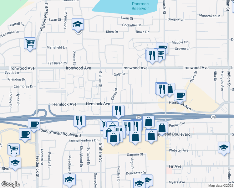 map of restaurants, bars, coffee shops, grocery stores, and more near 12178 Zinnia Street in Moreno Valley