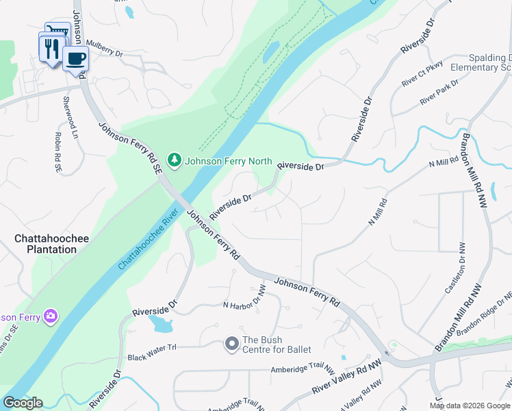 map of restaurants, bars, coffee shops, grocery stores, and more near 355 Crosstree Lane in Atlanta