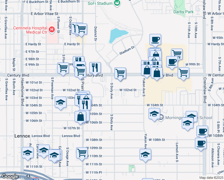 map of restaurants, bars, coffee shops, grocery stores, and more near West 102nd Street & South Doty Avenue in Inglewood