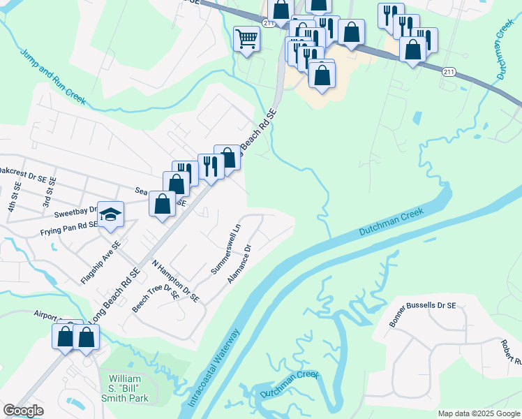 map of restaurants, bars, coffee shops, grocery stores, and more near 5016 Summerswell Lane in Southport