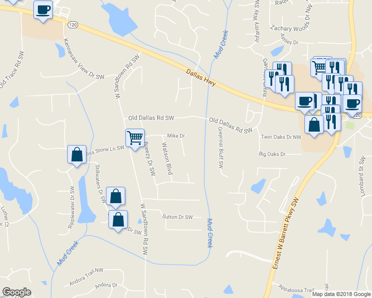 map of restaurants, bars, coffee shops, grocery stores, and more near 461 Don Circle Southwest in Marietta