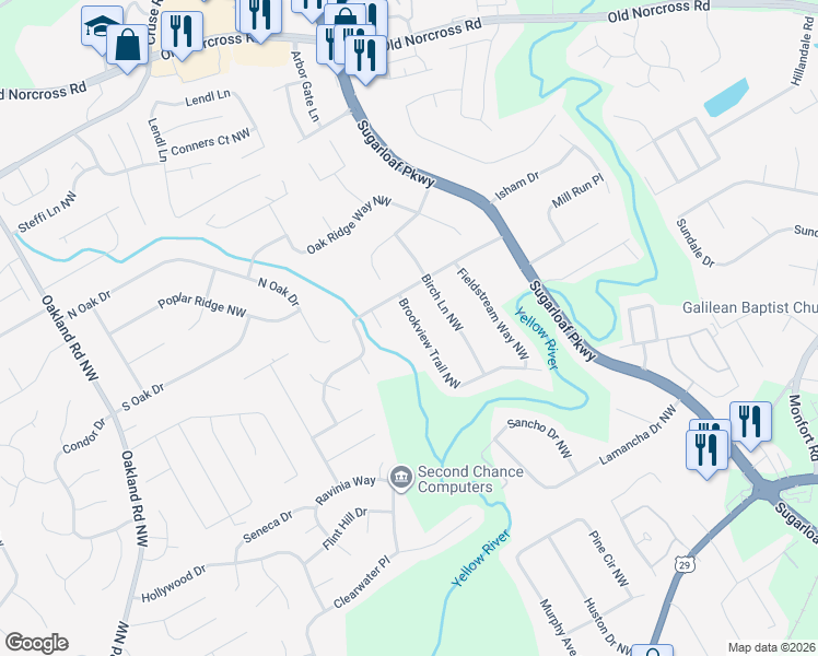 map of restaurants, bars, coffee shops, grocery stores, and more near 557 Brookview Trail Northwest in Lawrenceville