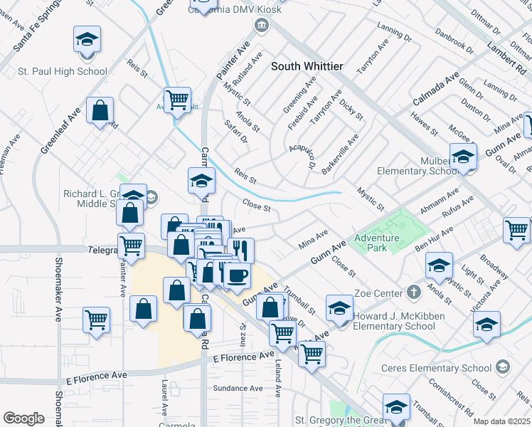 map of restaurants, bars, coffee shops, grocery stores, and more near 13528 Close Street in Whittier
