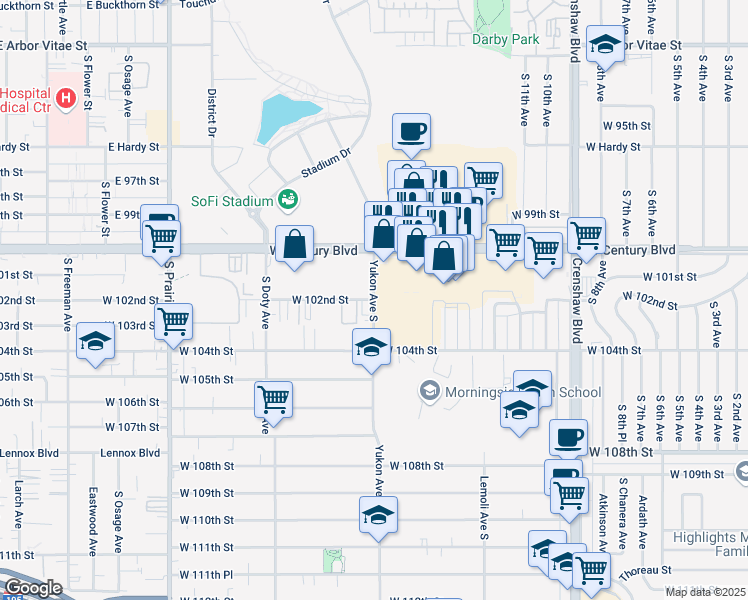 map of restaurants, bars, coffee shops, grocery stores, and more near W 102nd St & S Yukon Ave in Inglewood