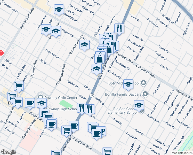 map of restaurants, bars, coffee shops, grocery stores, and more near 10421 Vultee Avenue in Downey