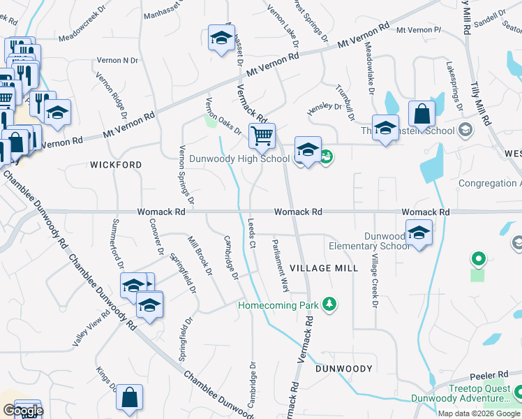 map of restaurants, bars, coffee shops, grocery stores, and more near 1709 Womack Road in Dunwoody