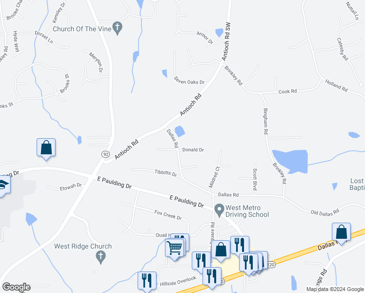 map of restaurants, bars, coffee shops, grocery stores, and more near 23 Donald Drive in Dallas