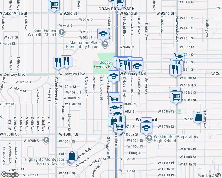 map of restaurants, bars, coffee shops, grocery stores, and more near 10210 South Manhattan Place in Los Angeles