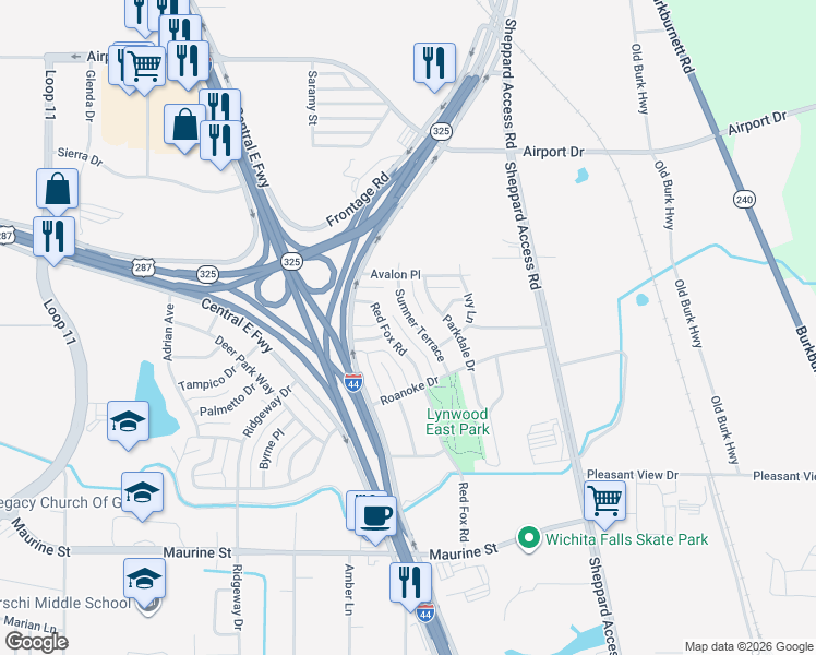map of restaurants, bars, coffee shops, grocery stores, and more near 1622 Sumner Terrace in Wichita Falls