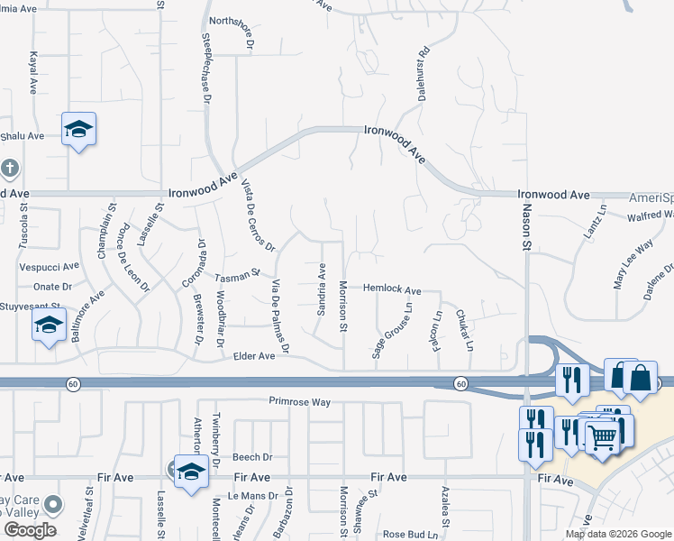 map of restaurants, bars, coffee shops, grocery stores, and more near 12240 Sandria Avenue in Moreno Valley