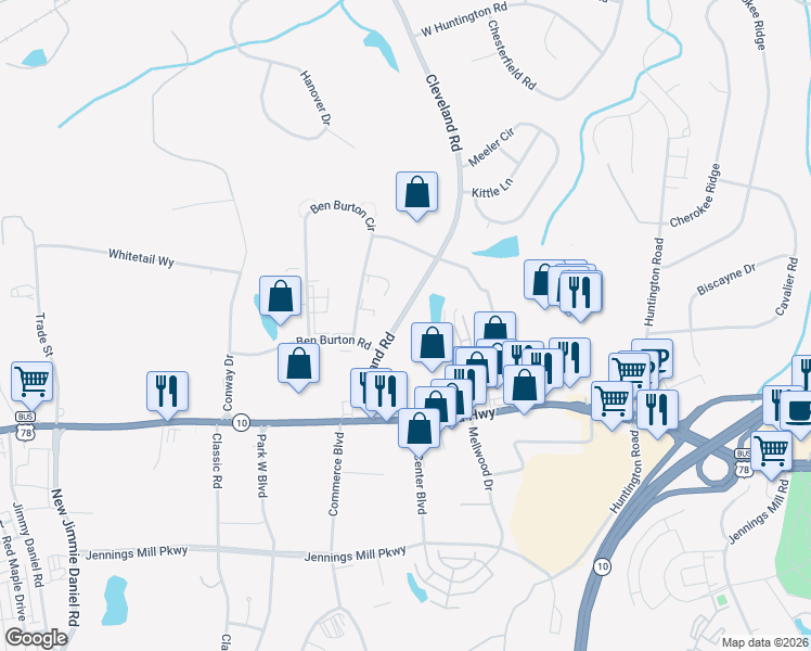 map of restaurants, bars, coffee shops, grocery stores, and more near 250 Cleveland Road in Bogart