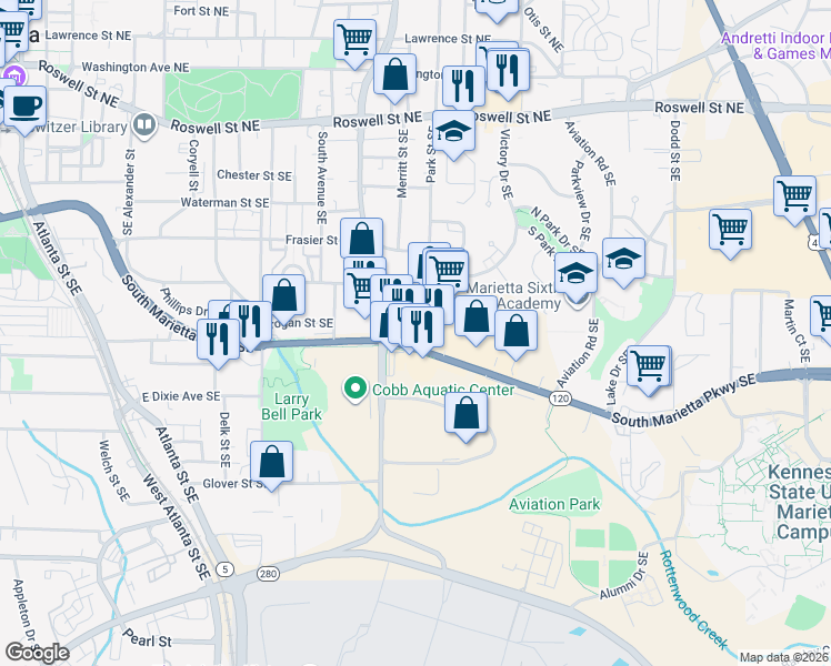 map of restaurants, bars, coffee shops, grocery stores, and more near 603 South Marietta Parkway Southeast in Marietta