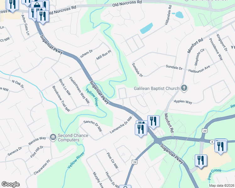 map of restaurants, bars, coffee shops, grocery stores, and more near 1626 River Main Court in Lawrenceville