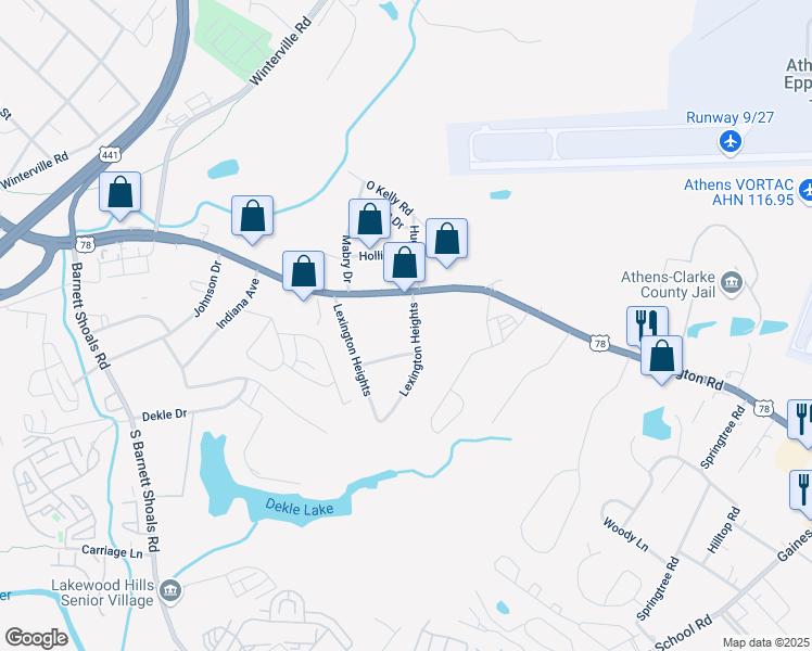 map of restaurants, bars, coffee shops, grocery stores, and more near 435 Lexington Heights in Athens