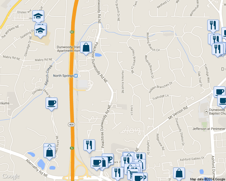 map of restaurants, bars, coffee shops, grocery stores, and more near 6964 Peachtree Dunwoody Road Northeast in Sandy Springs
