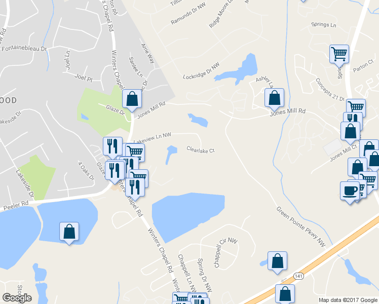 map of restaurants, bars, coffee shops, grocery stores, and more near 6974 Clearlake Court in Doraville