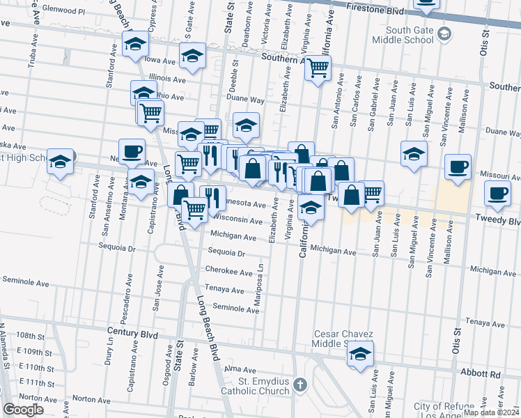 map of restaurants, bars, coffee shops, grocery stores, and more near 3352 Minnesota Avenue in South Gate