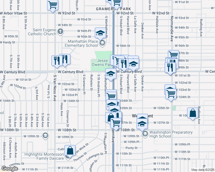 map of restaurants, bars, coffee shops, grocery stores, and more near 10210 South Manhattan Place in Los Angeles