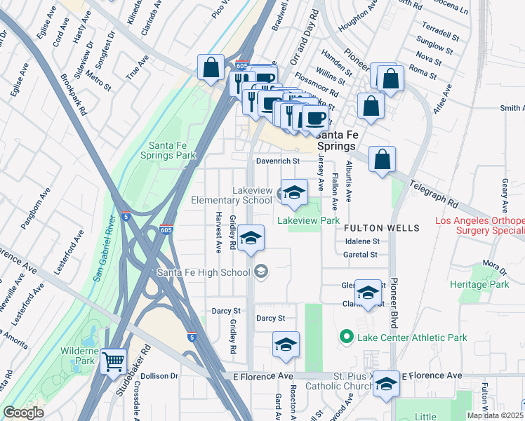 map of restaurants, bars, coffee shops, grocery stores, and more near 10220 Orr and Day Road in Santa Fe Springs