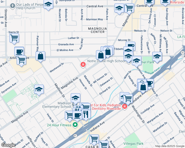 map of restaurants, bars, coffee shops, grocery stores, and more near 7225 Potomac Street in Riverside