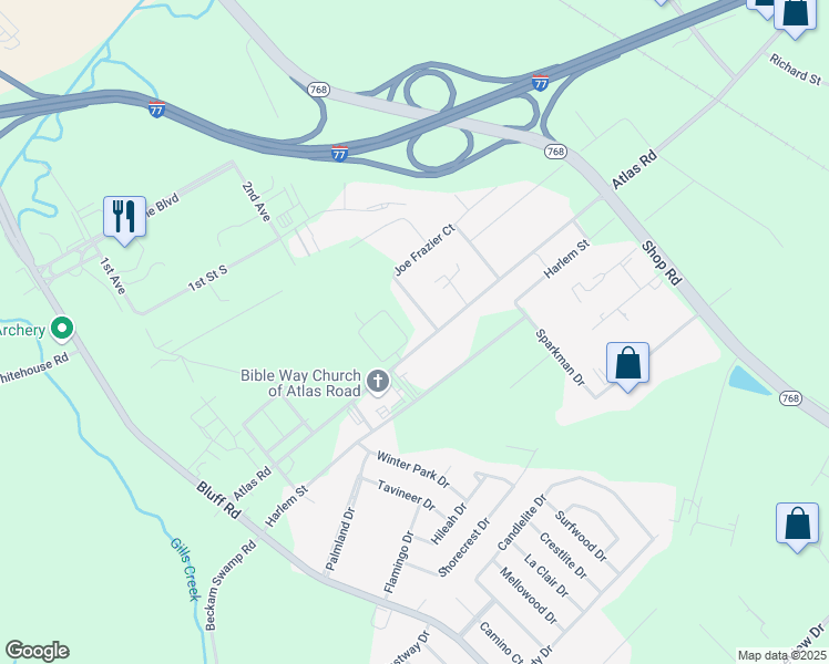 map of restaurants, bars, coffee shops, grocery stores, and more near 2309 Atlas Rd in Columbia