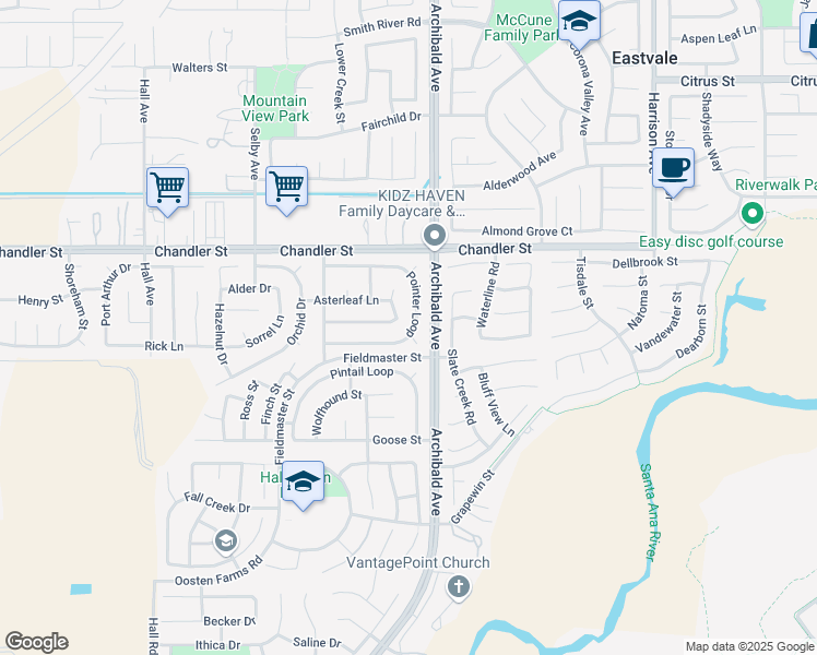 map of restaurants, bars, coffee shops, grocery stores, and more near 14324 Pointer Loop in Corona