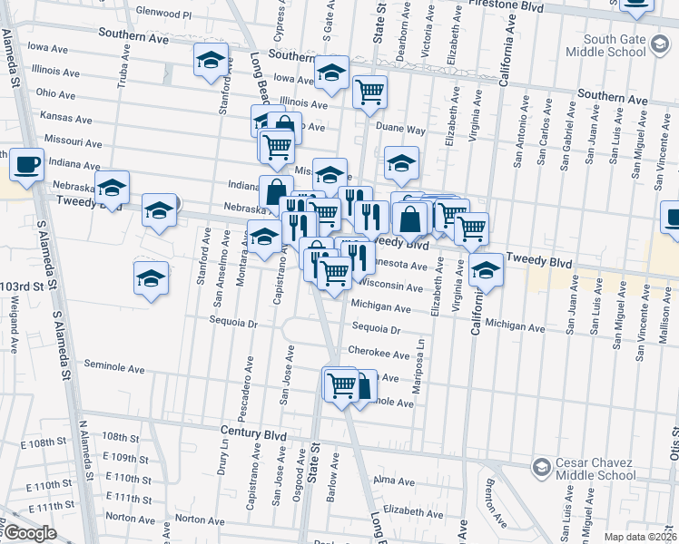 map of restaurants, bars, coffee shops, grocery stores, and more near 10112 Long Beach Boulevard in Lynwood
