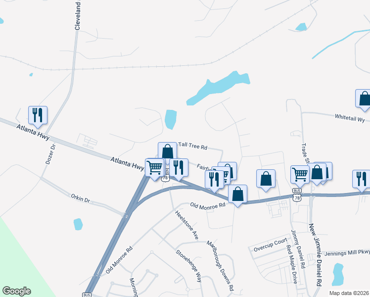 map of restaurants, bars, coffee shops, grocery stores, and more near 220 Tall Tree Road in Bogart