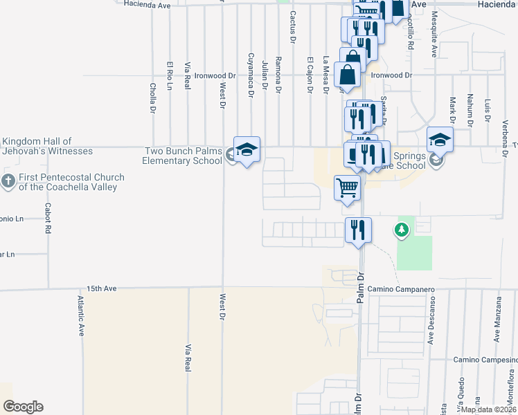map of restaurants, bars, coffee shops, grocery stores, and more near 14565 West Agua Dulce Drive in Desert Hot Springs