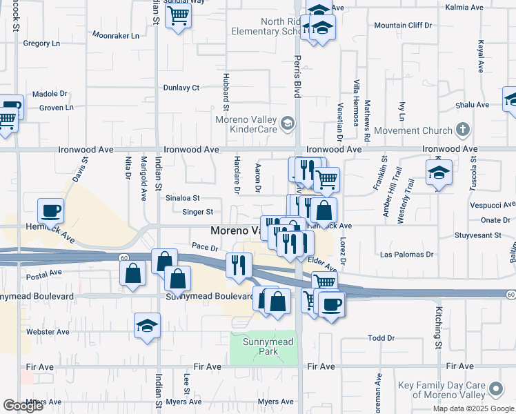 map of restaurants, bars, coffee shops, grocery stores, and more near 12181 Orchid Lane in Moreno Valley