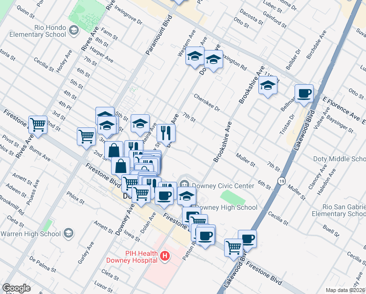 map of restaurants, bars, coffee shops, grocery stores, and more near 8333 5th Street in Downey