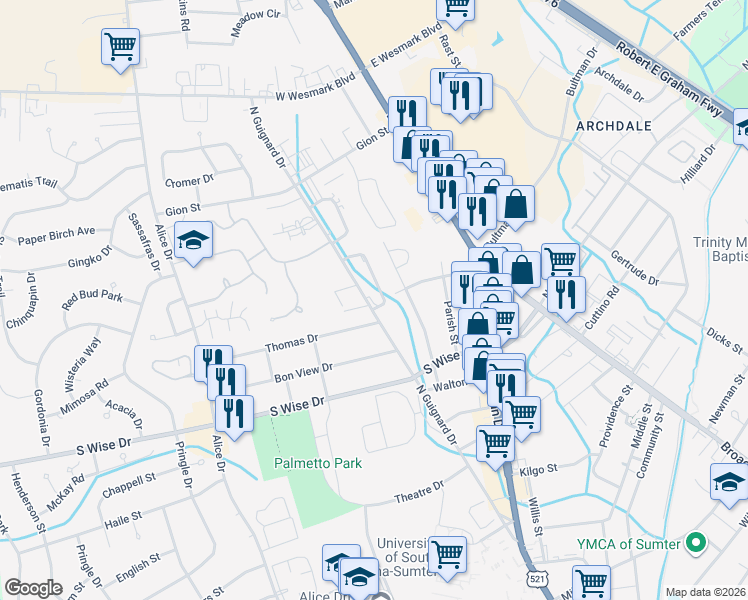 map of restaurants, bars, coffee shops, grocery stores, and more near 1021 North Guignard Drive in Sumter