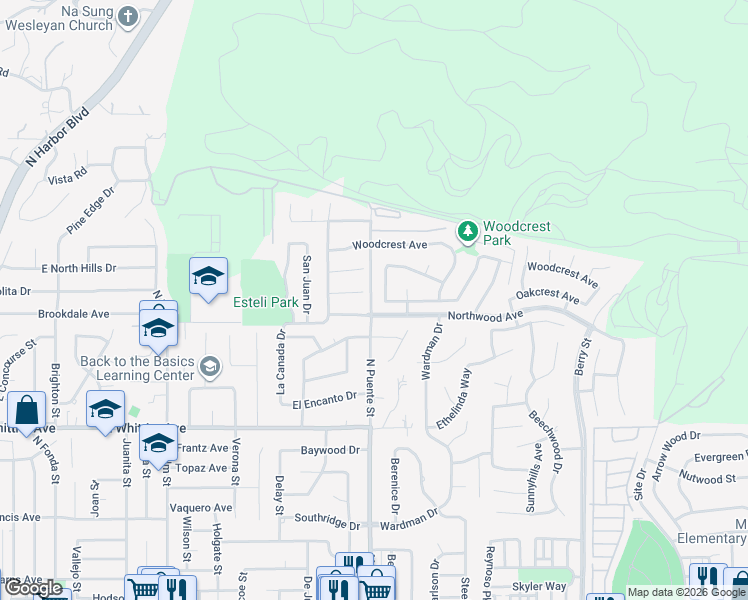 map of restaurants, bars, coffee shops, grocery stores, and more near 1600 North Puente Street in Brea