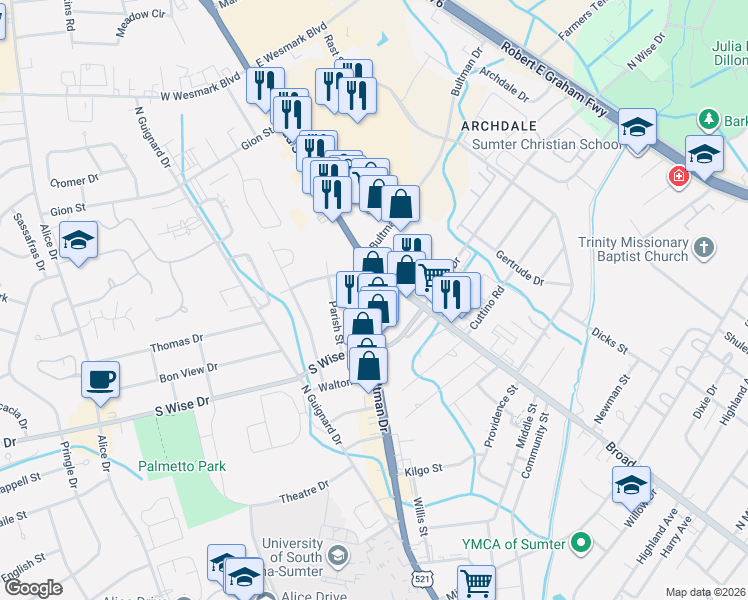 map of restaurants, bars, coffee shops, grocery stores, and more near 741 Bultman Drive in Sumter