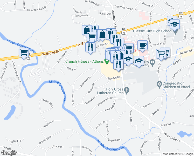 map of restaurants, bars, coffee shops, grocery stores, and more near 120 Bishop Drive in Athens