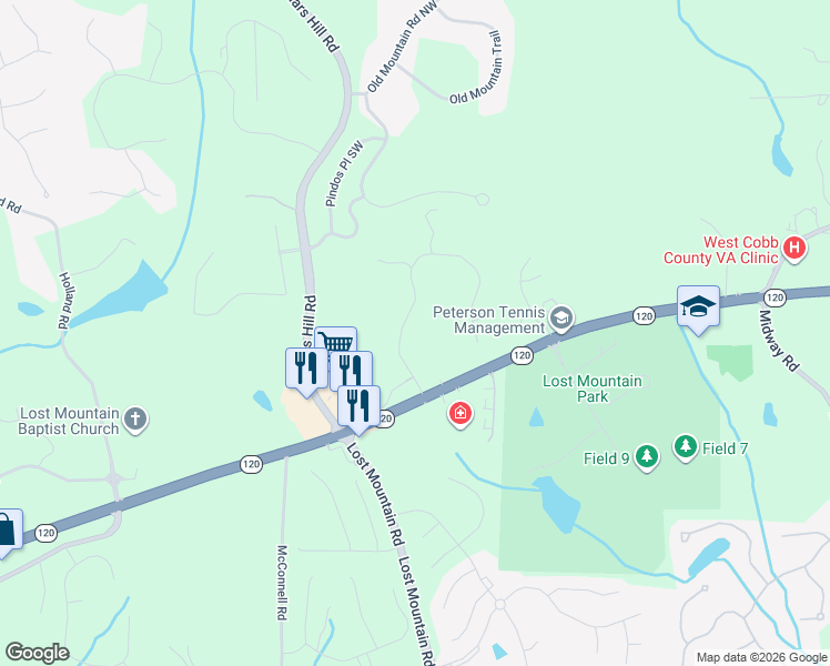 map of restaurants, bars, coffee shops, grocery stores, and more near 551 Schofield Drive in Powder Springs