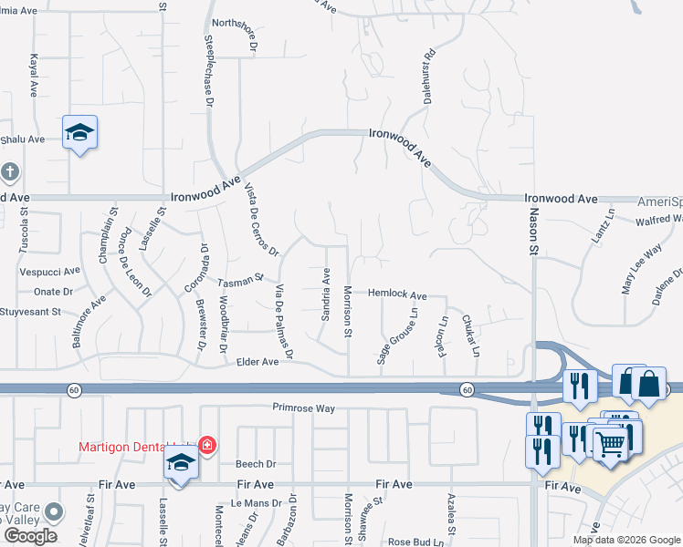 map of restaurants, bars, coffee shops, grocery stores, and more near 12240 Sandria Avenue in Moreno Valley