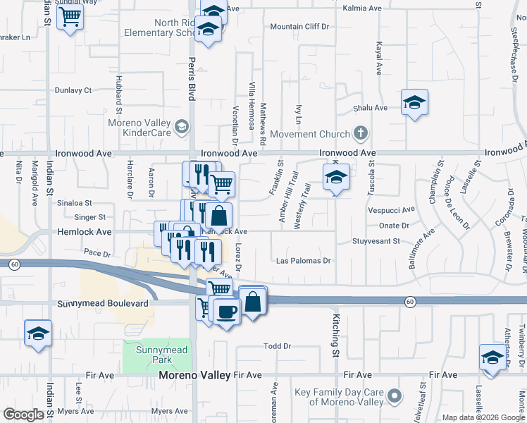 map of restaurants, bars, coffee shops, grocery stores, and more near 25251 Turquoise Lane in Moreno Valley