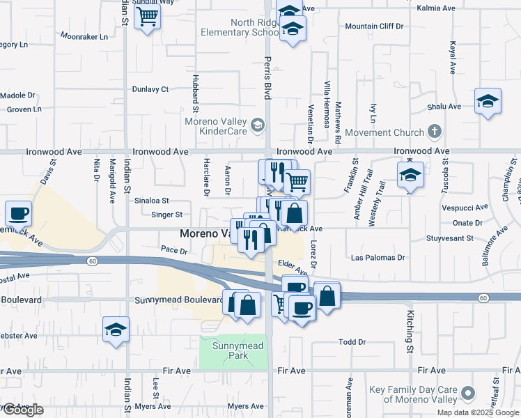 map of restaurants, bars, coffee shops, grocery stores, and more near 12220 Carnation Lane in Moreno Valley