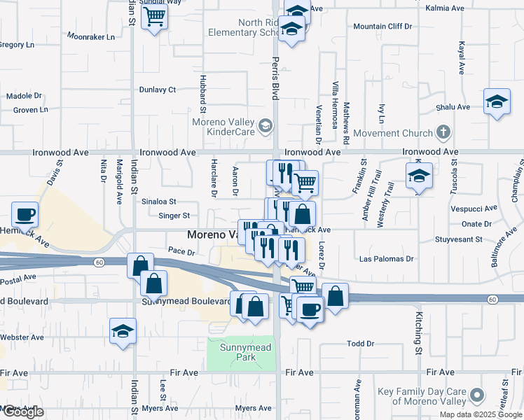 map of restaurants, bars, coffee shops, grocery stores, and more near 12198 Orchid Lane in Moreno Valley