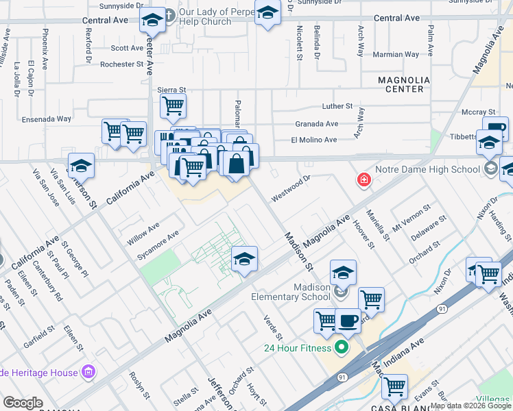 map of restaurants, bars, coffee shops, grocery stores, and more near 3958 San Marcos Avenue in Riverside