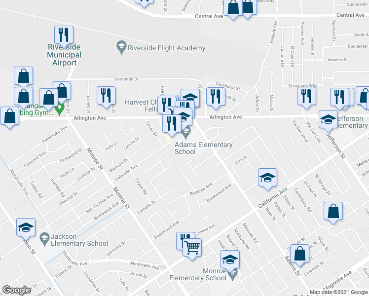 map of restaurants, bars, coffee shops, grocery stores, and more near 8398 Colorado Avenue in Riverside
