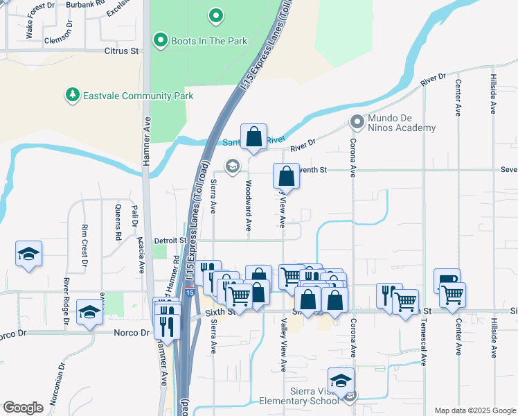 map of restaurants, bars, coffee shops, grocery stores, and more near 4281 Woodward Avenue in Norco